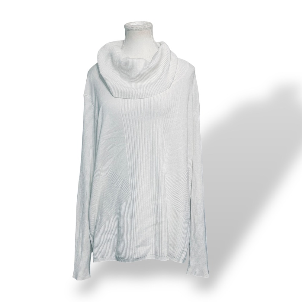 Investments Cowl Neck Sweater 2X White Ribbed‎ Knit Pullover Minimalist Cozy